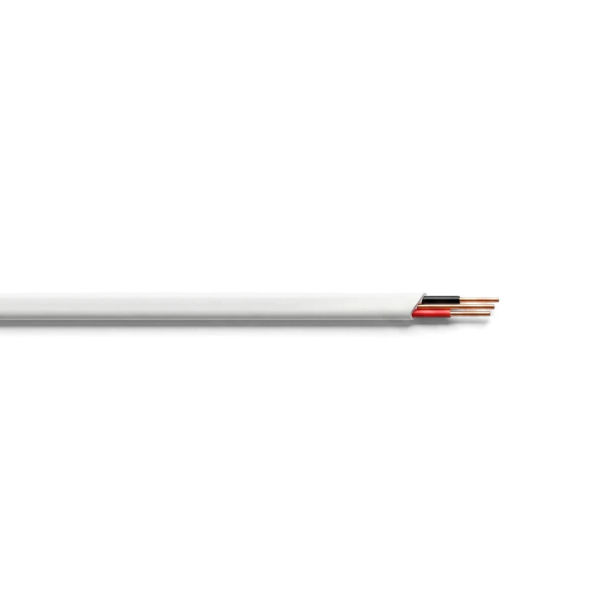Flat Twin + Earth 6mm 100M Roll electrical cable with white insulation and exposed copper, red, and black wires.