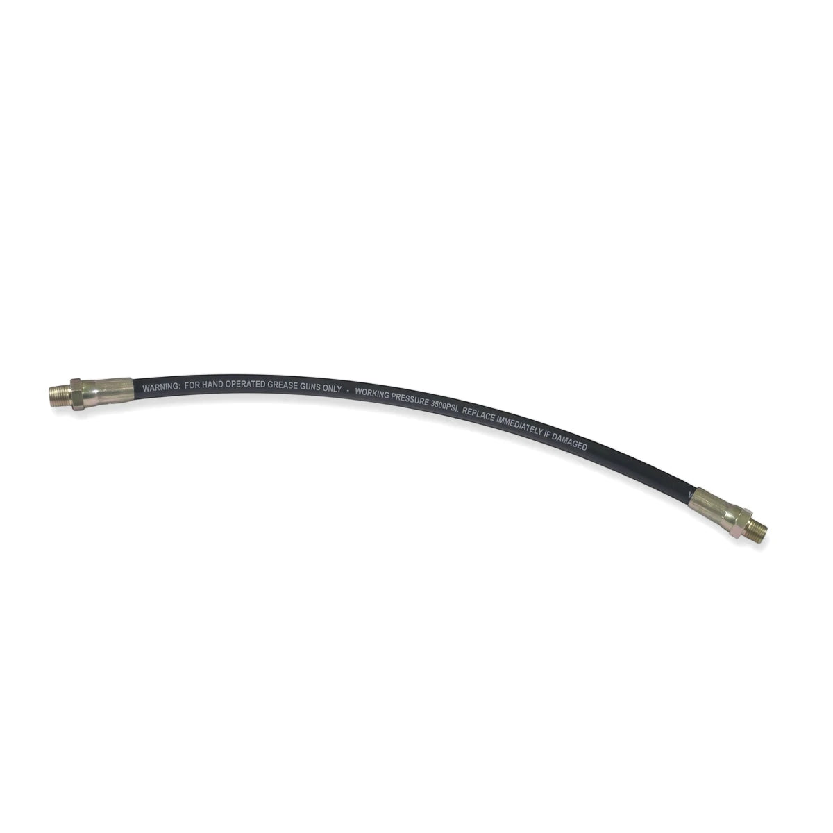 Black flexible grease gun hose with metal fittings, 300mm length, designed for industrial use, displayed on a clean