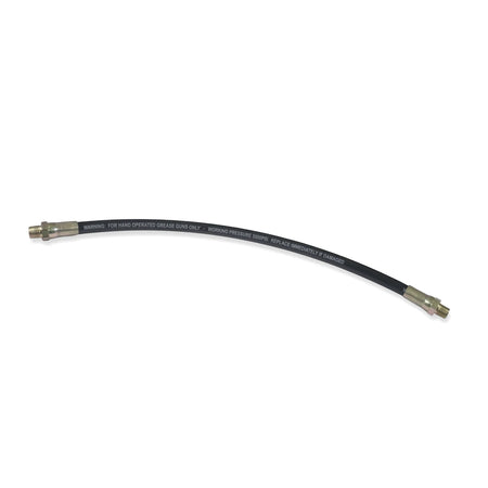 Black flexible grease gun hose with metal fittings, 300mm length, designed for industrial use, displayed on a clean