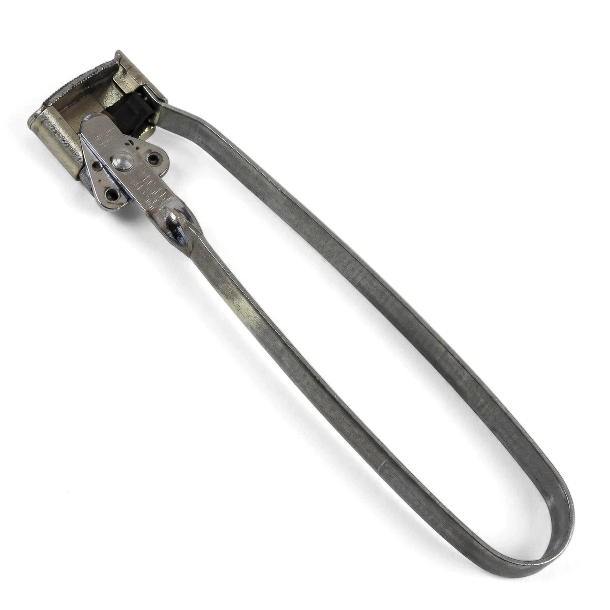 A silver metal flint lighter for striking sparks, featuring an oval handle and a functional mechanism.