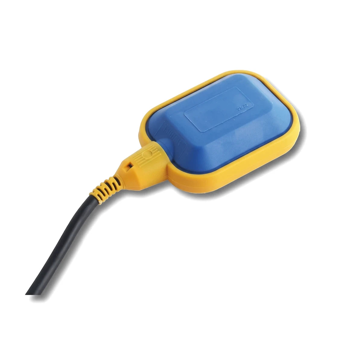 Blue and yellow Float Switch FS-03 with a black cable for liquid level control applications.