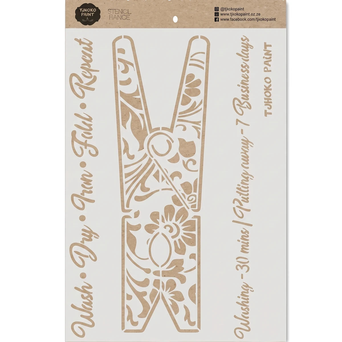 A beige paint stencil featuring a large decorative clothes pin design with intricate floral patterns, presented flat-lay.