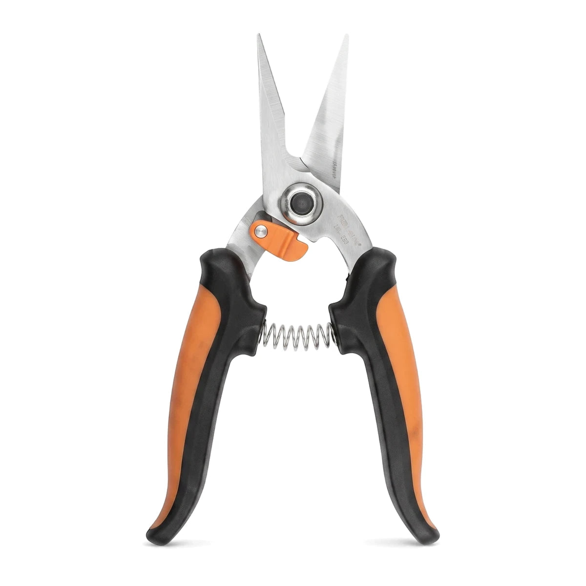 Orange and black flower pruning shears with silver blades, designed for precise garden trimming and harvesting.