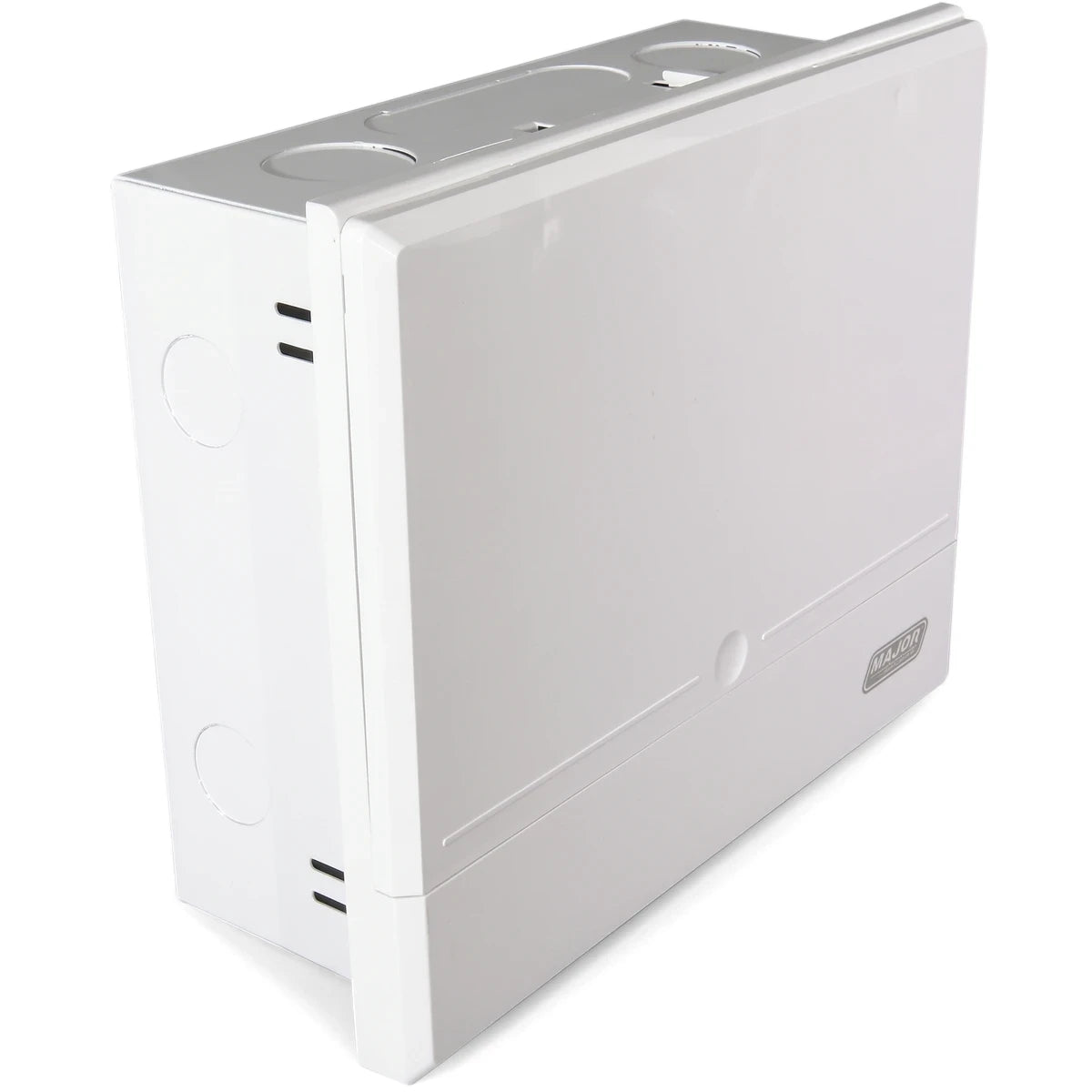 White flush DB (distribution board) with a steel tray, angled view showing the front and top panels with the 'MAJOR' logo.
