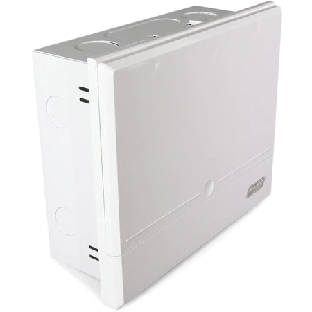 White flush DB (distribution board) with a steel tray, angled view showing the front and top panels with the 'MAJOR' logo.