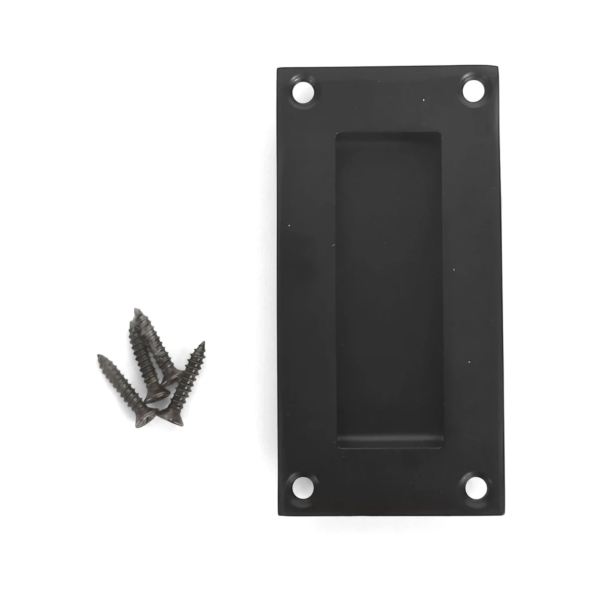 Black flush pull handle with a recessed grip and four matching mounting screws, viewed from the top on a plain white