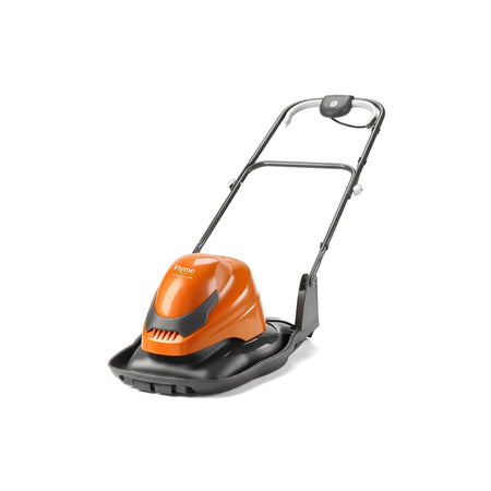 An orange and black Flymo Hover Simpliglide 360 electric lawnmower with a handle, shown from a three-quarter front view.