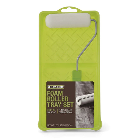 Foam Roller Set in clear green plastic packaging with a white foam roller and gray handle, shown vertically.