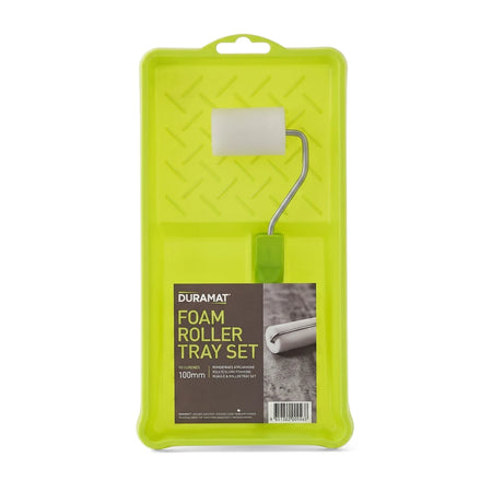 Foam Roller Set with a white foam roller and small paint tray, packaged in a bright neon green plastic tray.