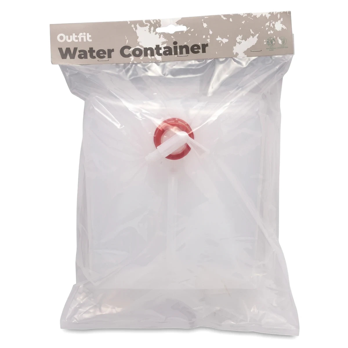 A 10-liter foldable camping water carrier in clear plastic packaging with a white container and red spigot, shown on a white