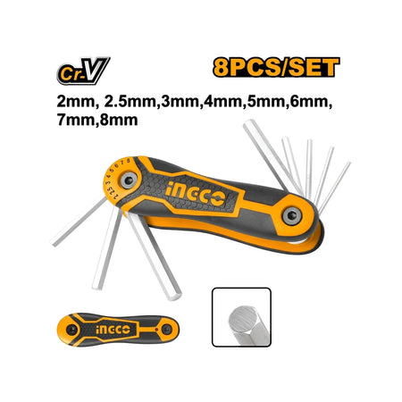 Ingco 8-piece folding Allen key knife set made from Cr-V steel, featuring sizes from 2mm to 8mm, with a black and yellow