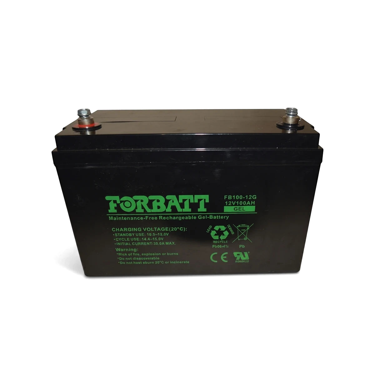 Black Forbatt 12V 100Ah sealed lead acid gel battery, rectangular shape, with green text and silver terminals.