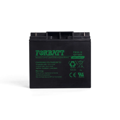 12V 18Ah Sealed Lead Acid (SLA) battery by FORBATT, black with green text on a white background, front view.