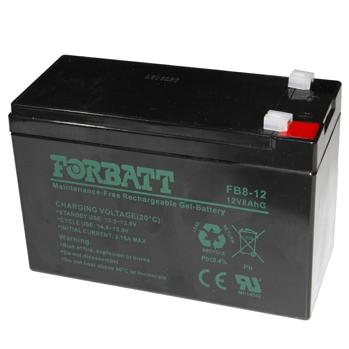 Black FORBATT FB8-12 12V 8Ah SLA gel battery, maintenance-free and rechargeable, with white terminal caps visible.