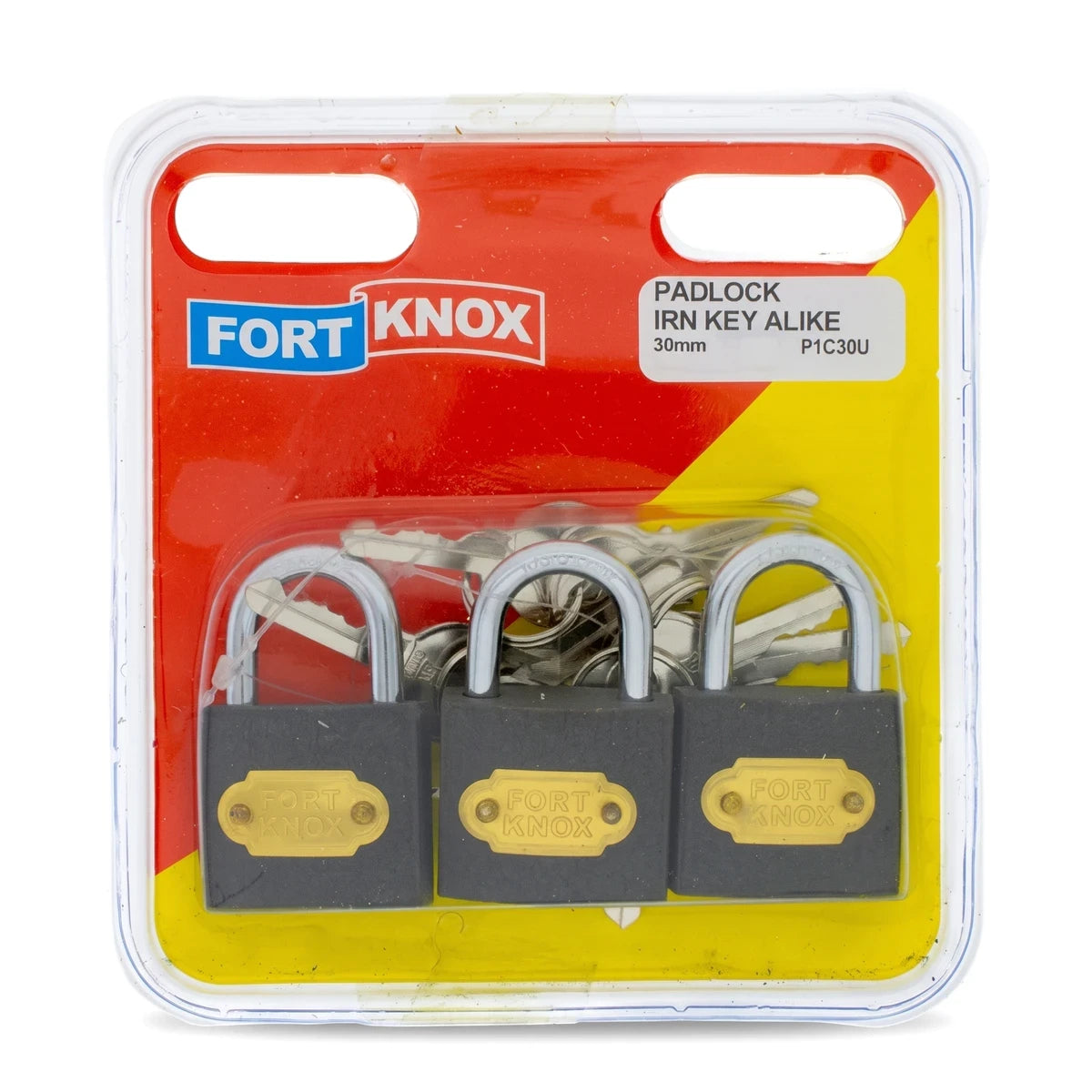 Three Fort Knox 30mm iron keyed alike padlocks, gray and brass-toned with silver keys, displayed in clear blister packaging.