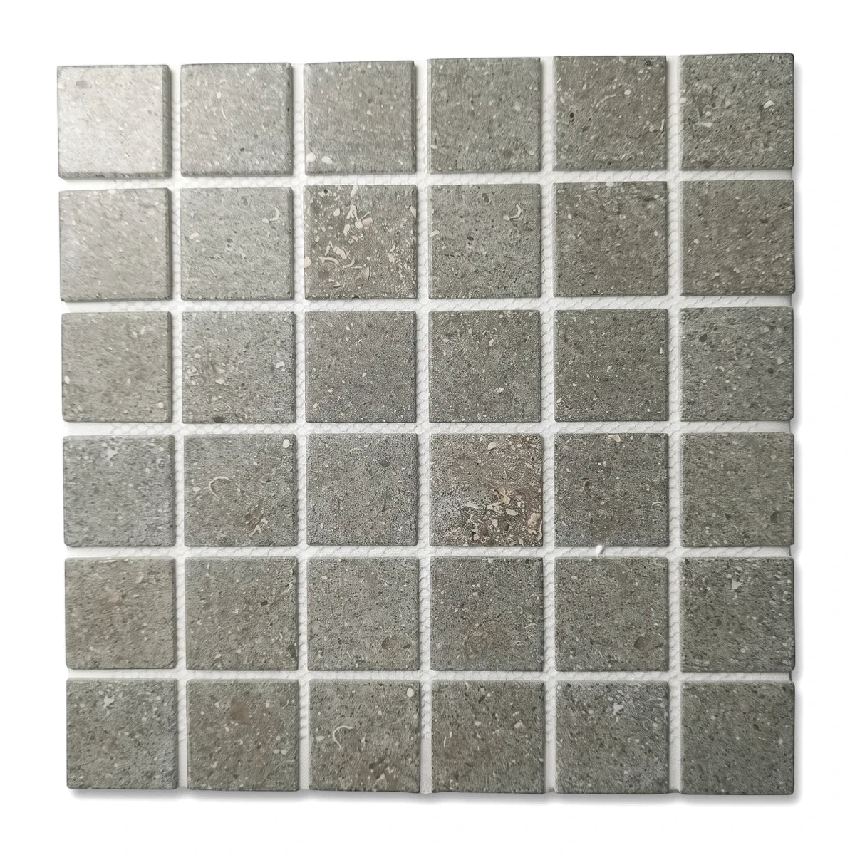 Fossil grey 45mm anti-slip mosaic tile sheet with visible grout lines for flooring or wall applications.