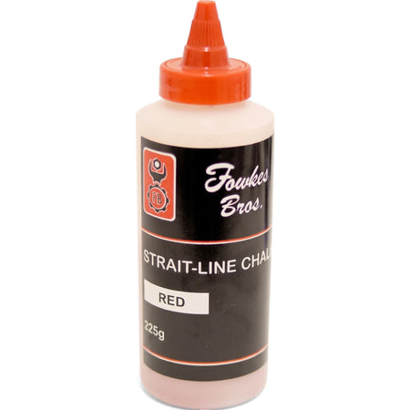 Red chalk line refill powder in a white plastic bottle with an orange dispenser cap, showing the 'Foukes Bros.' brand and