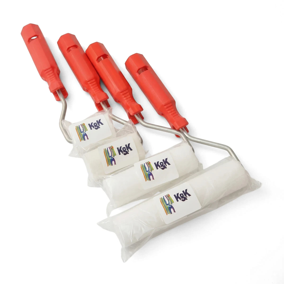 Four white 150mm paint rollers with red plastic handles, arranged diagonally for painting tasks.