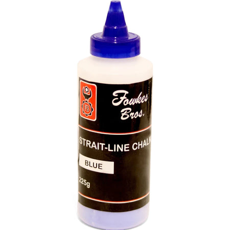 A white Fowkes Bros. bottle of blue strait-line chalk line refill powder, 225g, with a blue cap.