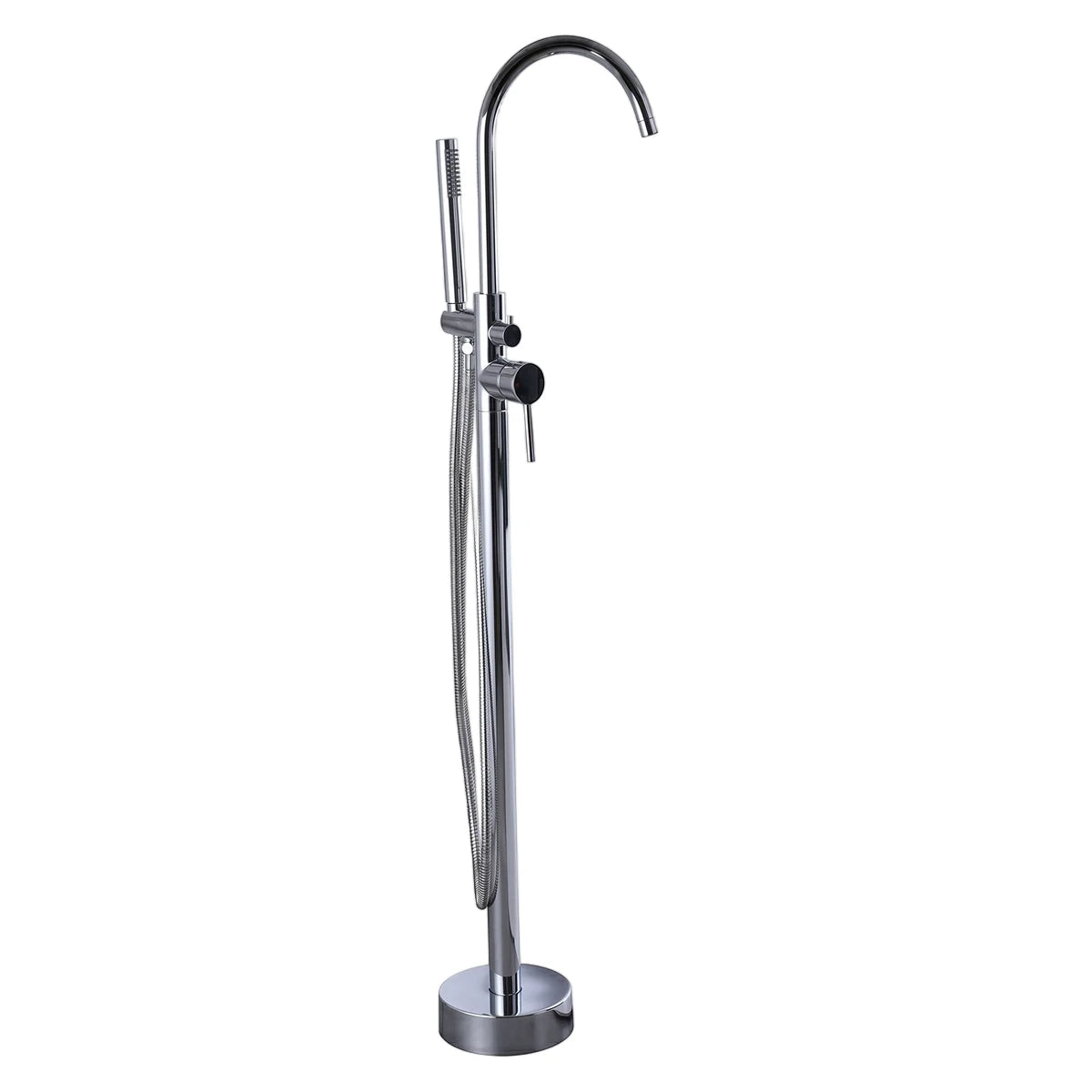 A sleek, modern freestanding chrome bath mixer featuring a gracefully curved spout and a convenient integrated hand shower.