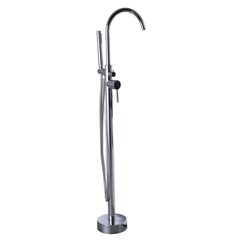 A sleek, modern freestanding chrome bath mixer featuring a gracefully curved spout and a convenient integrated hand shower.
