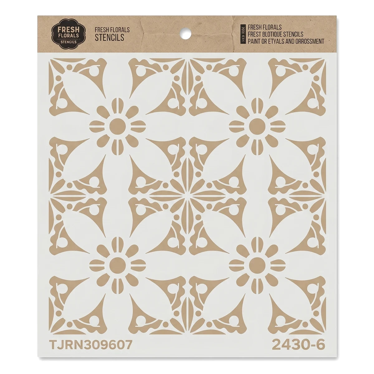 Fresh Florals paint stencils, a square sheet with intricate beige floral patterns, perfect for craft projects and home decor.