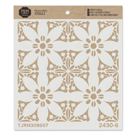 Fresh Florals paint stencils, a square sheet with intricate beige floral patterns, perfect for craft projects and home decor.