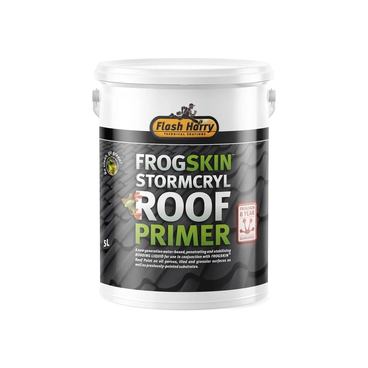 White and black 5L Frogskin Stormcryl Roof Primer bucket from Flash Harry Technical Coatings, shown from a slightly elevated
