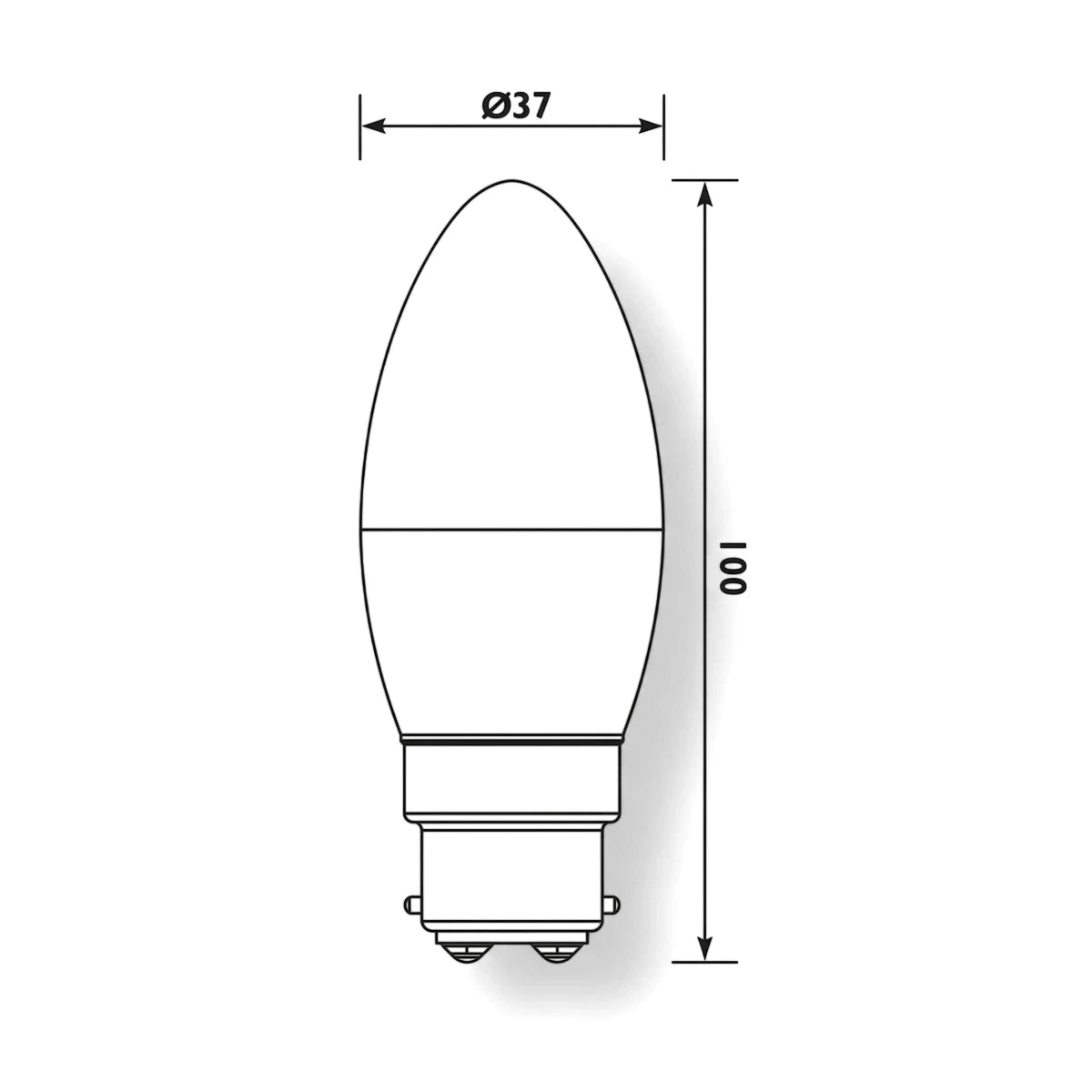 A technical drawing of a frosted B22 6W LED candle bulb, showing its dimensions of 37mm diameter and 100mm length.
