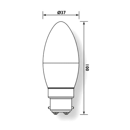 A technical drawing of a frosted B22 6W LED candle bulb, showing its dimensions of 37mm diameter and 100mm length.