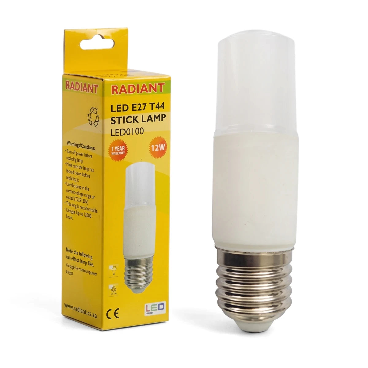 Frosted T44 E27 12W LED stick lamp and its yellow packaging box, displayed upright on a white background.