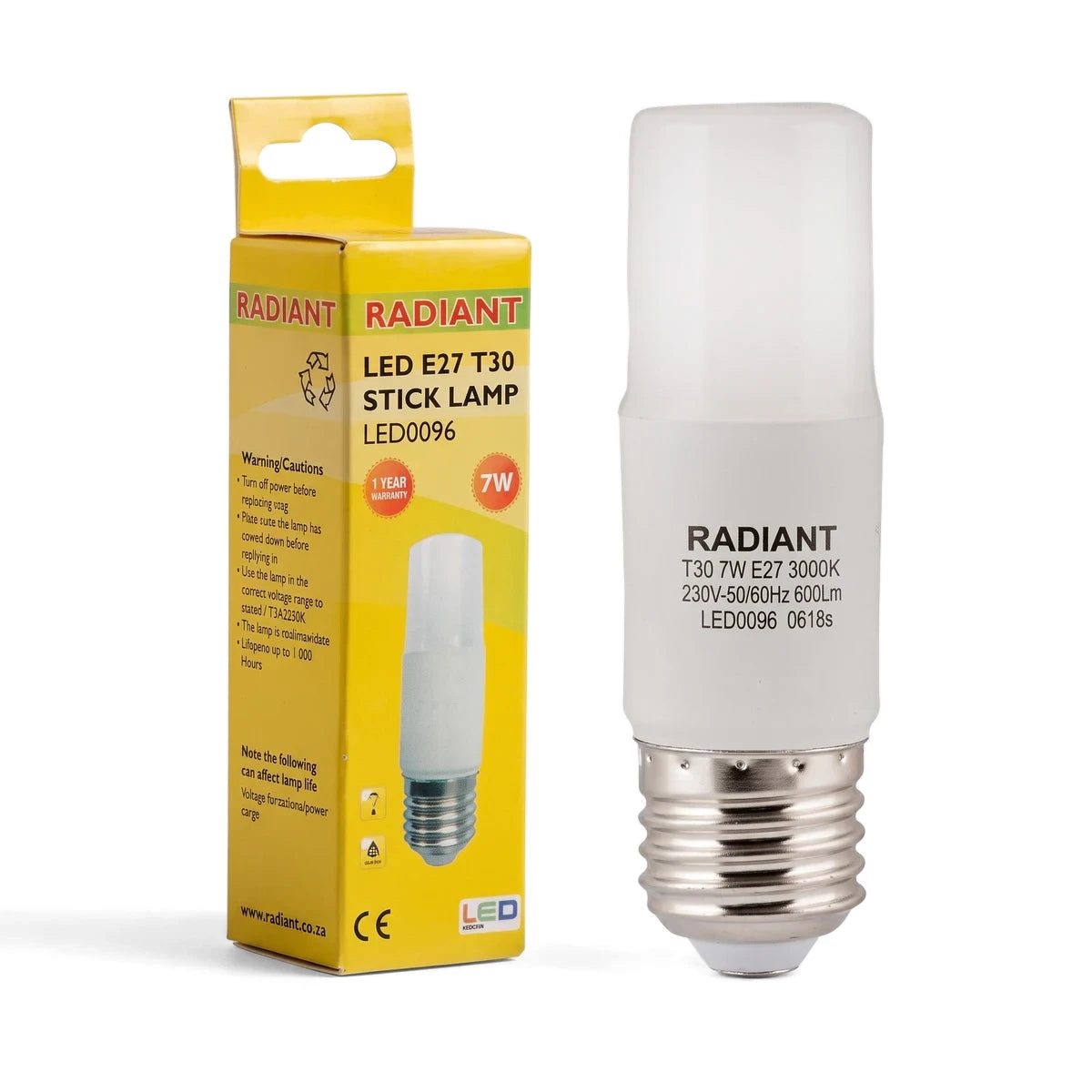Frosted white LED Stick Lamp T30 E27 7W bulb with its yellow packaging box, shown standing upright.