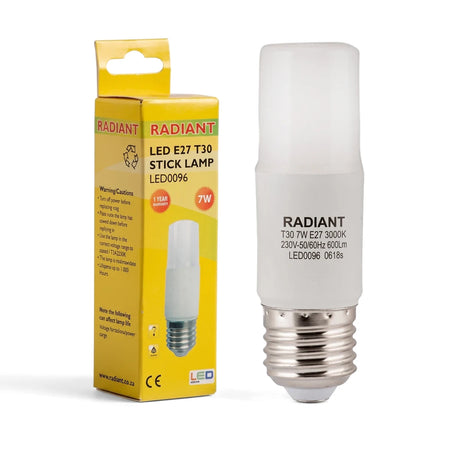 Frosted white LED Stick Lamp T30 E27 7W bulb with its yellow packaging box, shown standing upright.