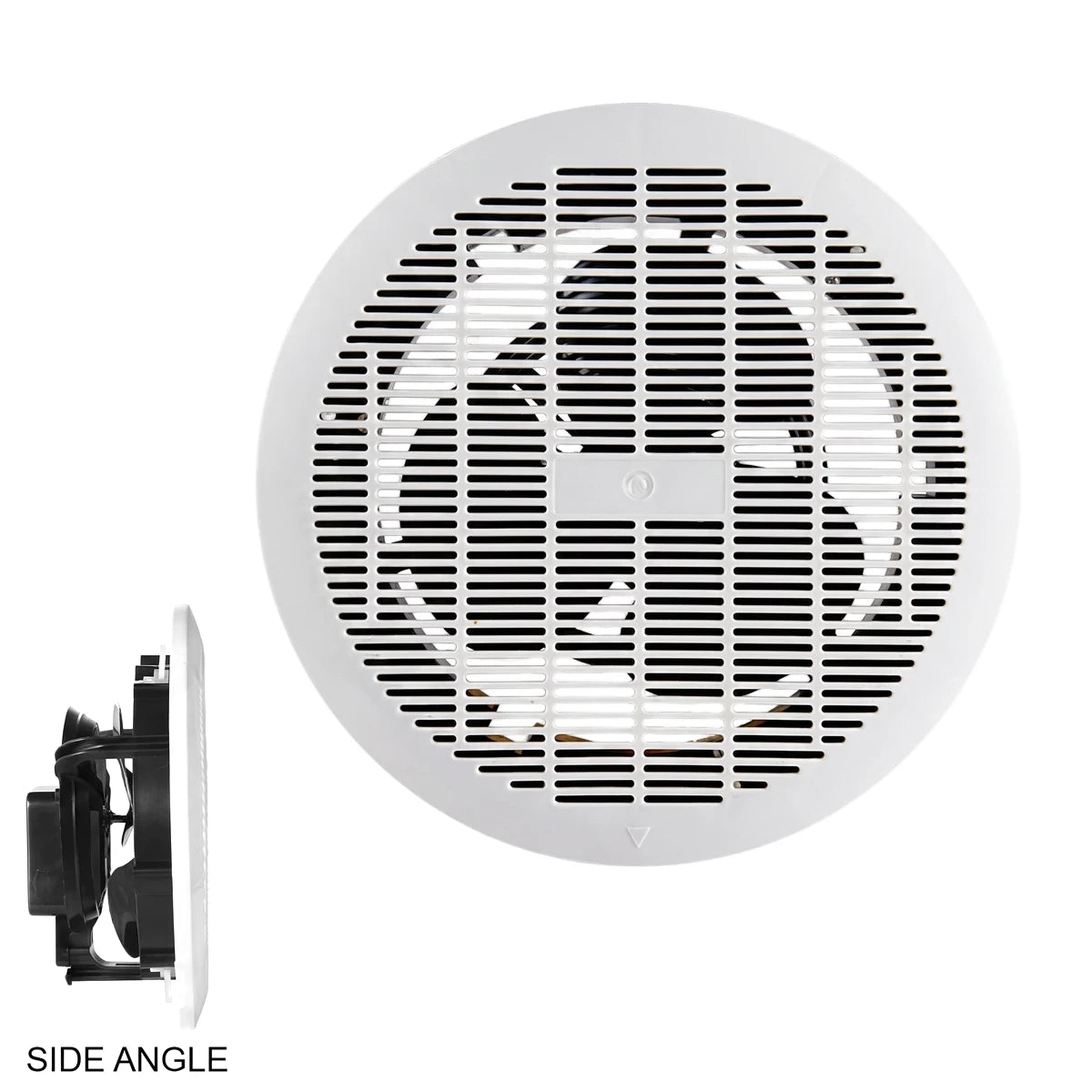 White 8-inch (200mm) ABS plastic bathroom extractor fan with a front grille view and a distinct side view showing the motor.