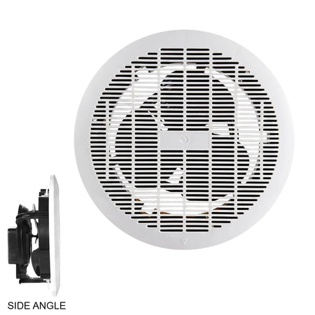 White 8-inch (200mm) ABS plastic bathroom extractor fan with a front grille view and a distinct side view showing the motor.