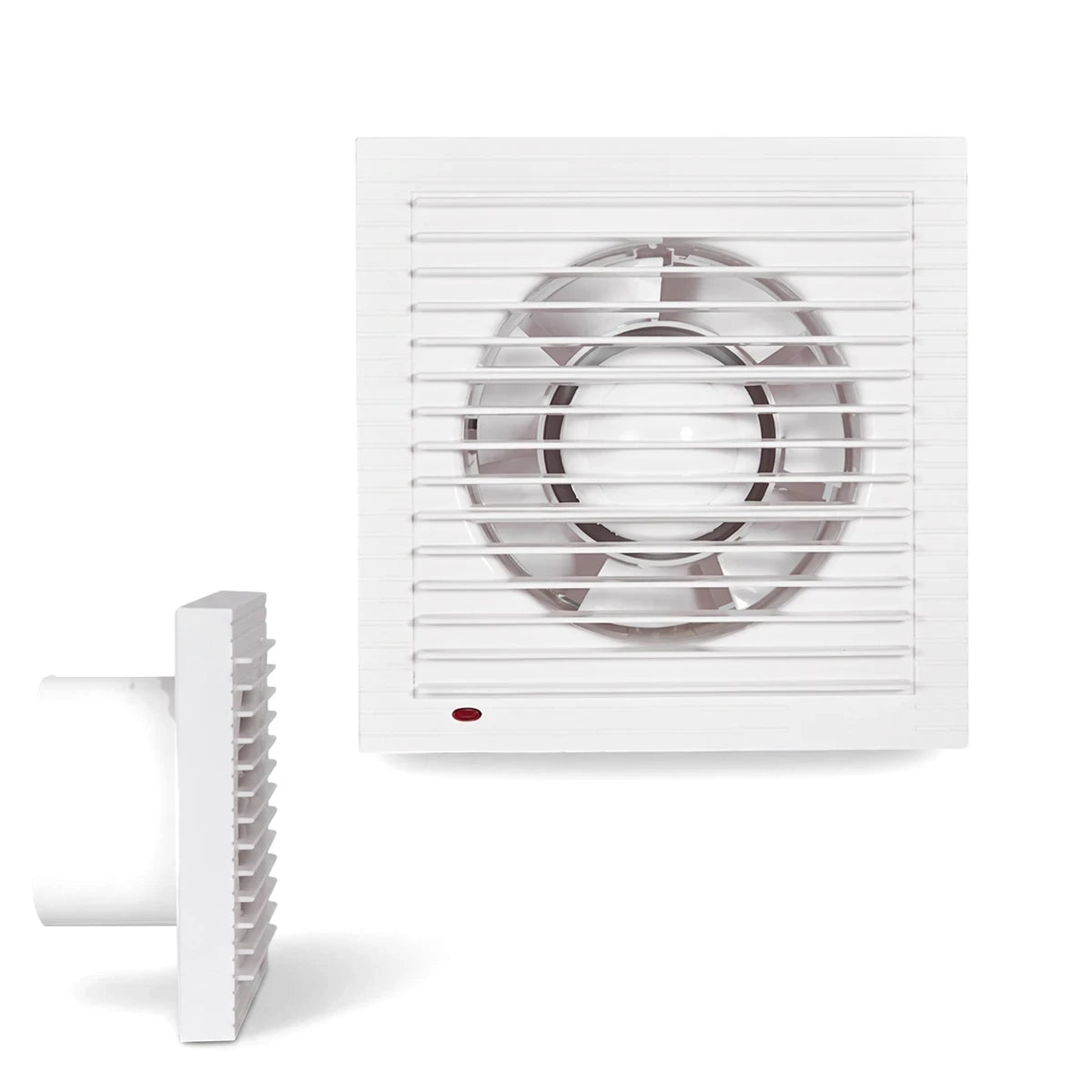 Front and side view of a white 4-inch (100mm) ABS plastic bathroom extractor fan with a slatted grill and red indicator