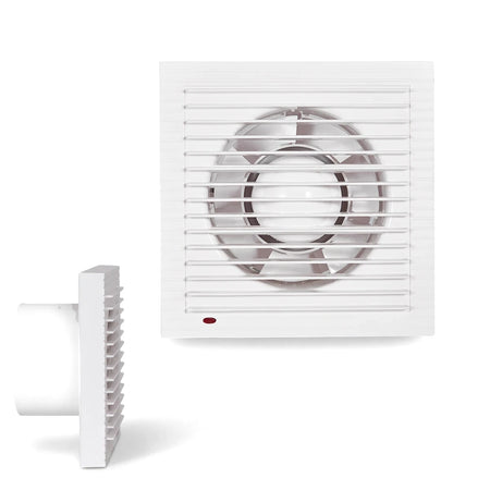 Front and side view of a white 4-inch (100mm) ABS plastic bathroom extractor fan with a slatted grill and red indicator
