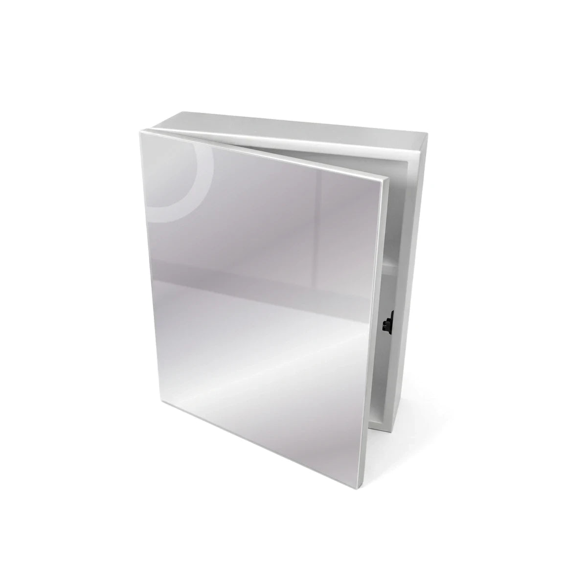 Full Mirror Bathroom Cabinet with an open mirrored door and white frame, sized 285X350X100mm, shown from an angled view.