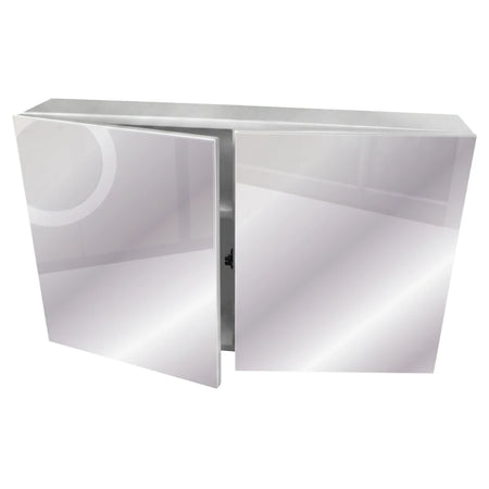 A full mirror bathroom cabinet with two mirrored doors, the left one slightly ajar, showcasing its wall-mounted design and