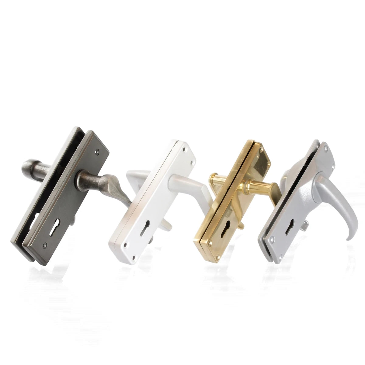 Four Furn Aluminium door handles in dark grey, white, polished brass, and silver finishes, arranged horizontally on a white