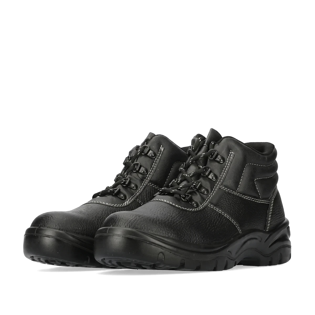 Pair of black Fx2 Steel Midsole Safety Boots, mid-cut with white contrast stitching and durable lace-up design for work