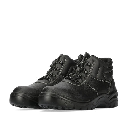 Pair of black Fx2 Steel Midsole Safety Boots, mid-cut with white contrast stitching and durable lace-up design for work