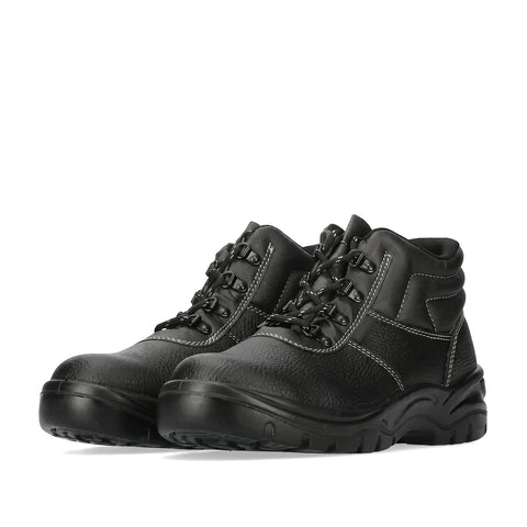 Pair of black Fx2 Steel Midsole Safety Boots, mid-cut with white contrast stitching and durable lace-up design for work