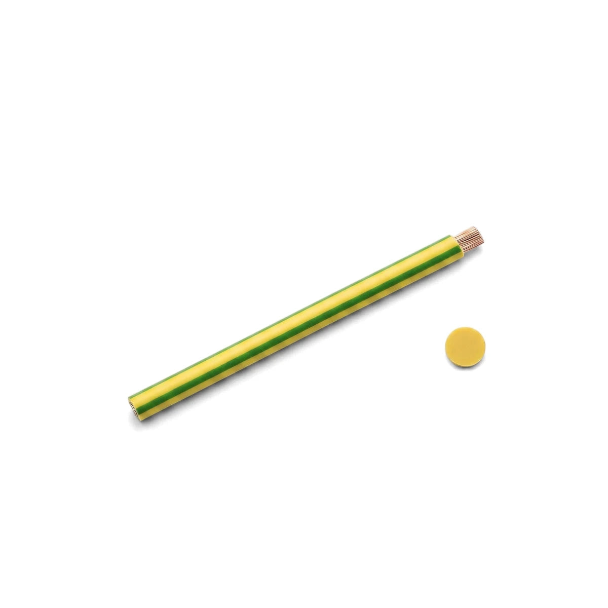 Green and yellow striped 10mm G.P electrical wire segment with a yellow circular end cap on a white background.