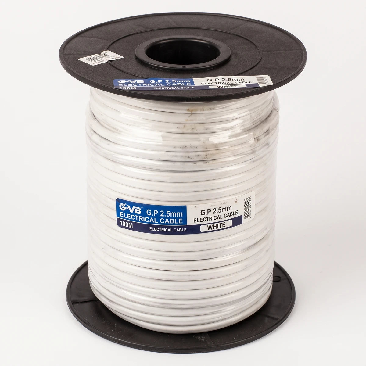 G.P 2.5mm White 100M roll electrical wires and cable on a black plastic spool, presented on a white background.
