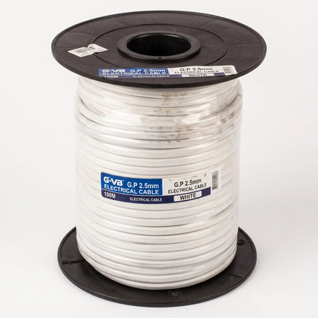 G.P 2.5mm White 100M roll electrical wires and cable on a black plastic spool, presented on a white background.