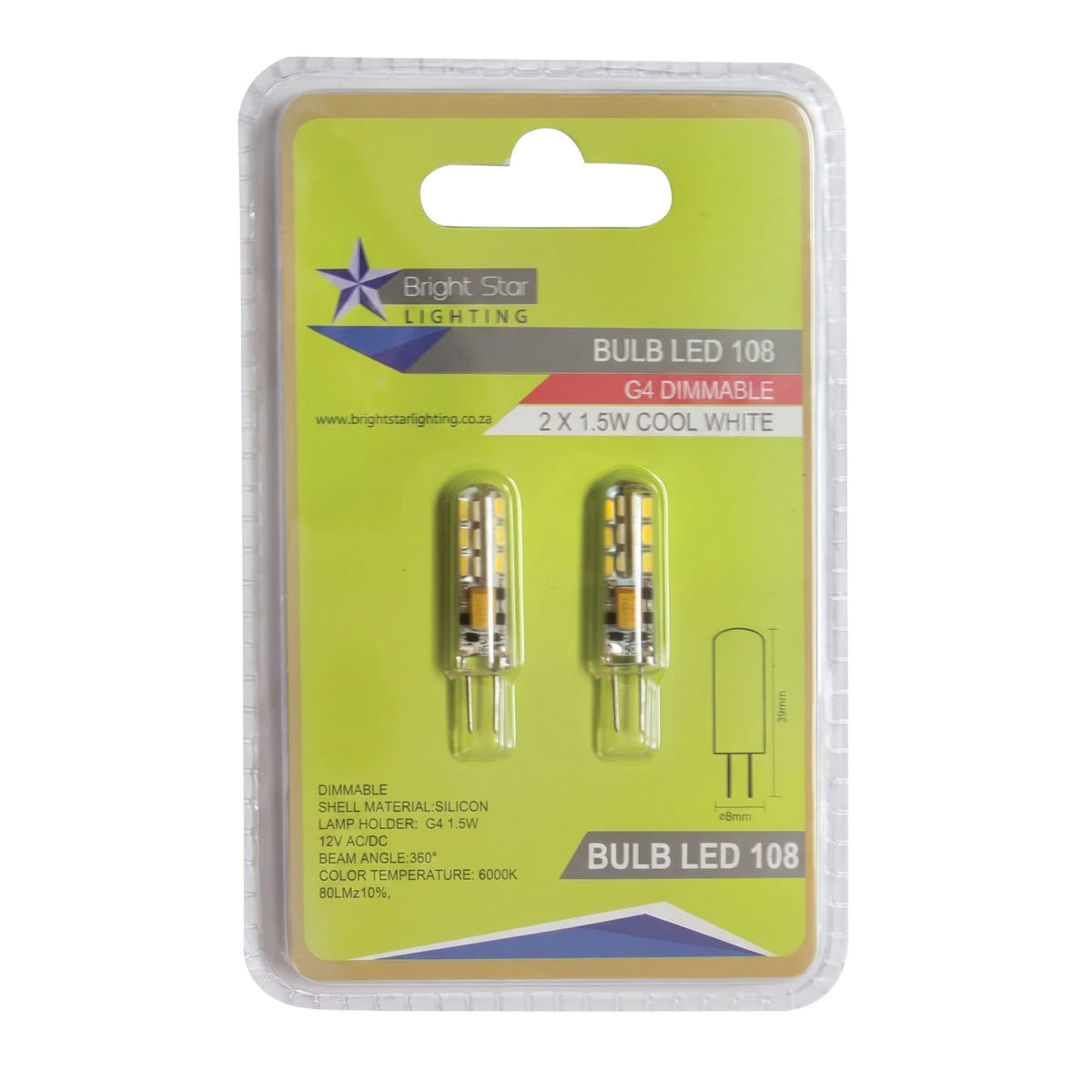 Two Bright Star Lighting G4 Bi-Pin LED bulbs, 1.5W 6000K cool white and dimmable, packaged in clear retail plastic.