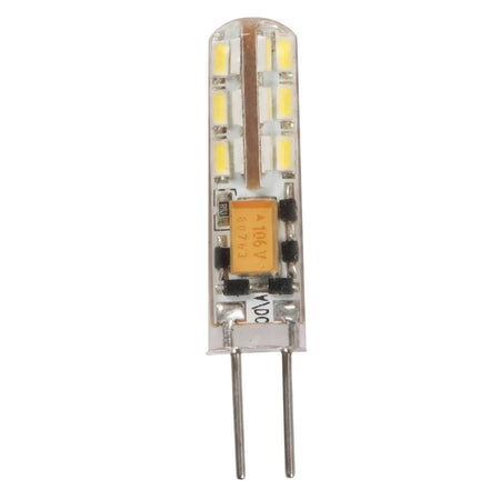 G4 Led Bulb 1.5W 3000K Warm White, featuring multiple LED chips and a clear casing, shown vertically with electrical pins.