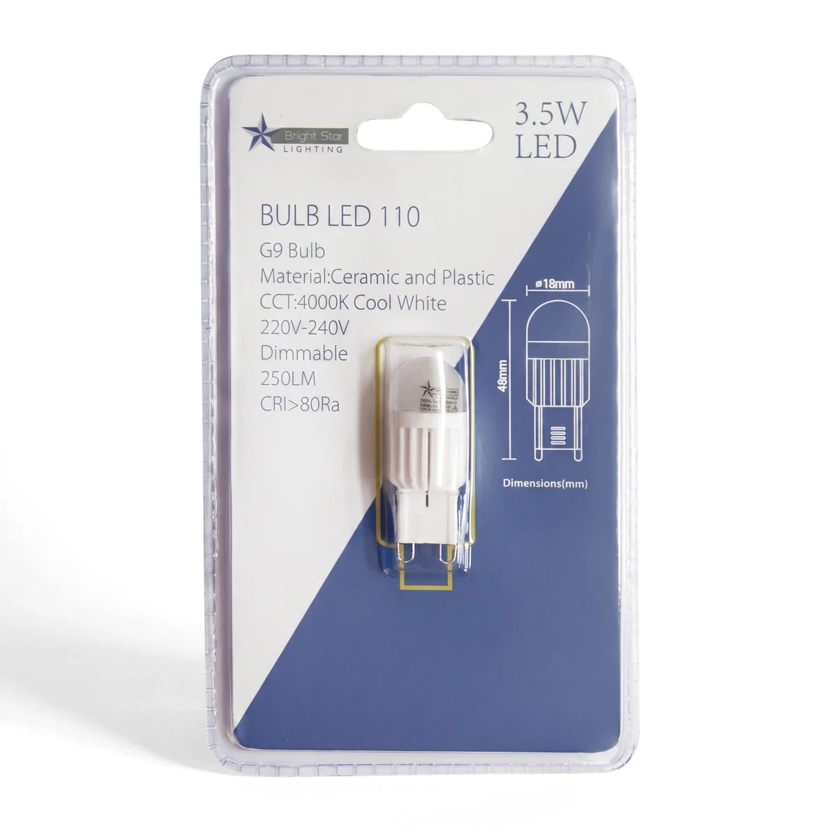 G9 Dimmable LED Bulb 3.5W 4000K Cool White made of ceramic and plastic, displayed in clear retail packaging with blue and
