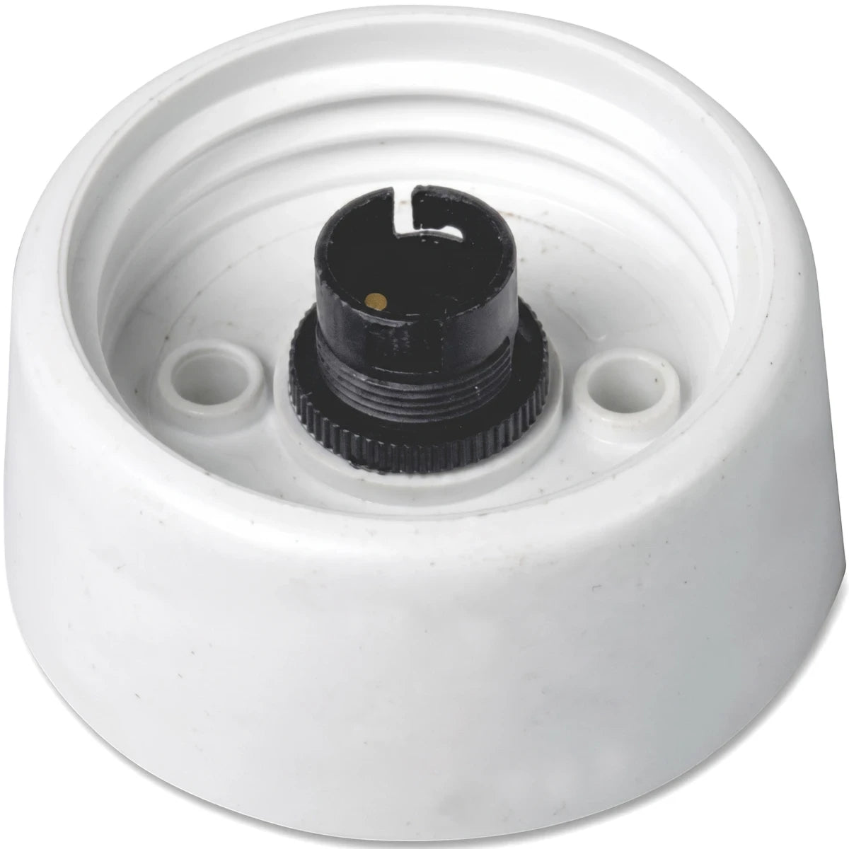 White 6-inch PVC electrical light fixture mounting base with a black central bulb holder on a plain background.